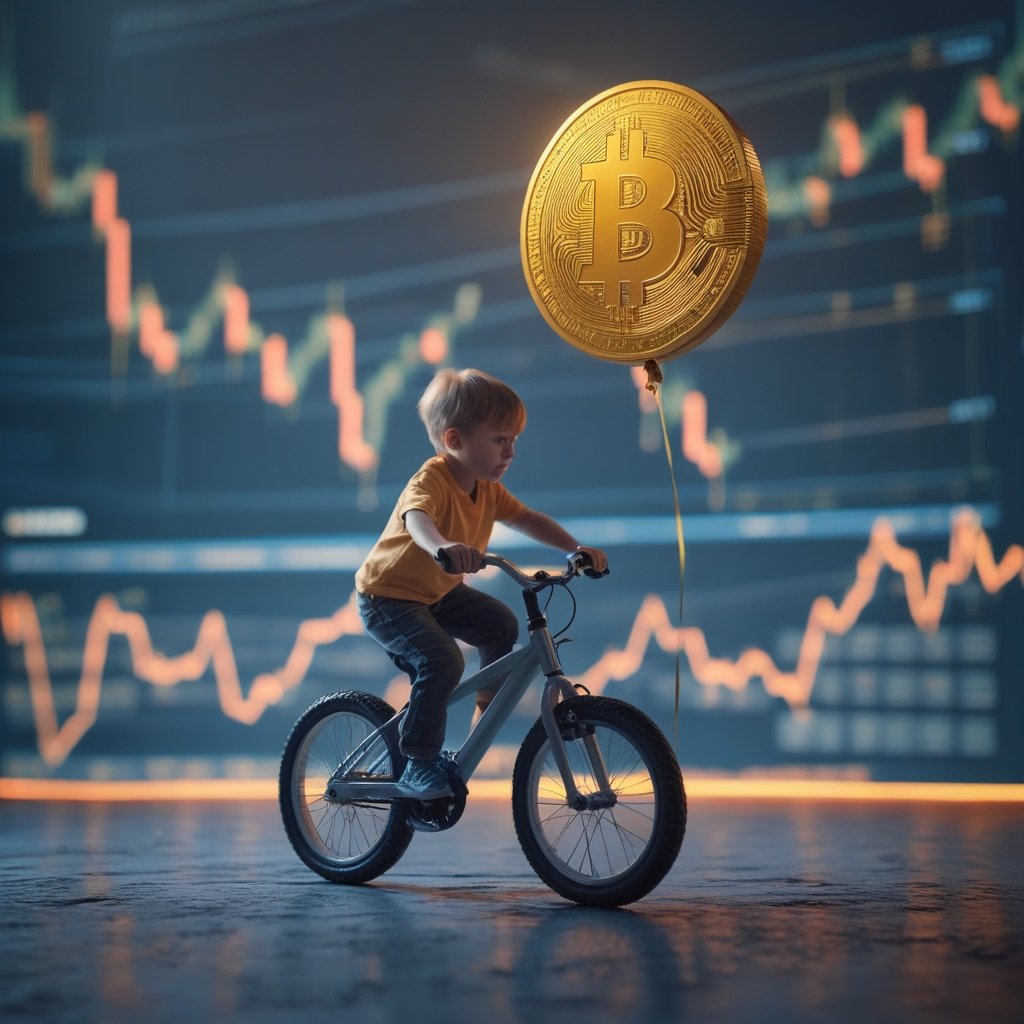 Standard Chartered Bitcoin: A child carefully riding a bike with training wheels, with a Bitcoin-shaped balloon floating nearby