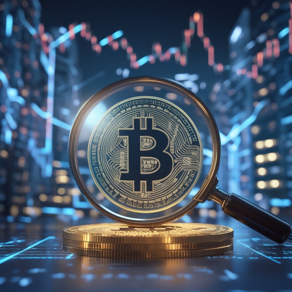 Standard Chartered Bitcoin: A friendly cartoon character with a magnifying glass looking at a shiny Bitcoin, with a big bank building in the background