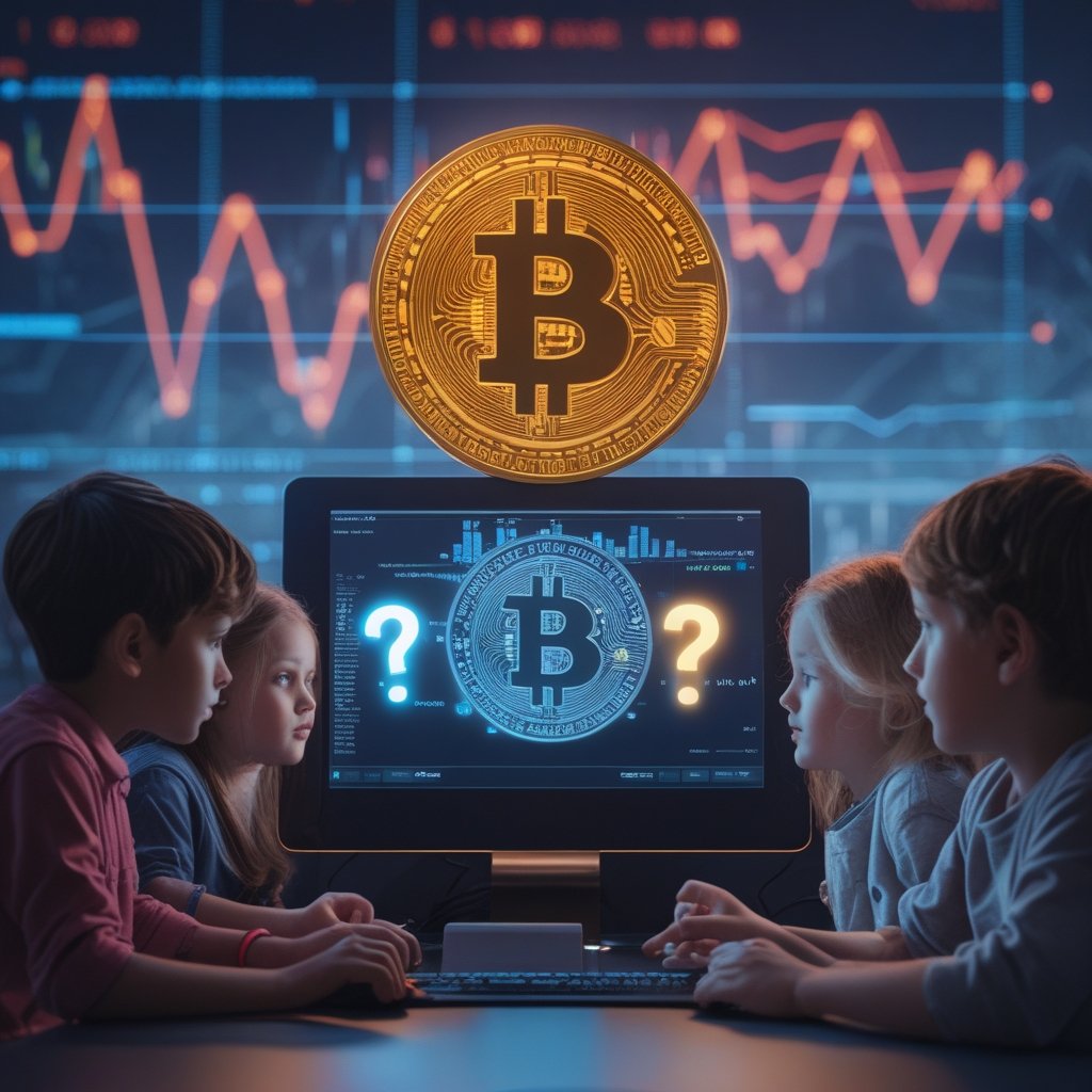 Standard Chartered Bitcoin: A group of diverse children looking at a computer screen showing a Bitcoin, with speech bubbles showing question marks turning into lightbulbs