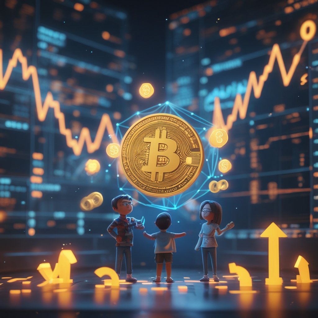 Strategy BTC acquisition: A child learning about digital money with friendly characters