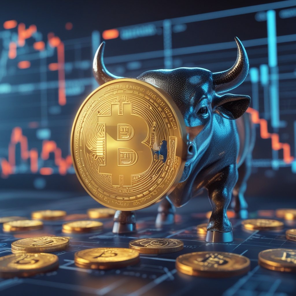 Strategy BTC acquisition: A happy bull with coins floating up like balloons