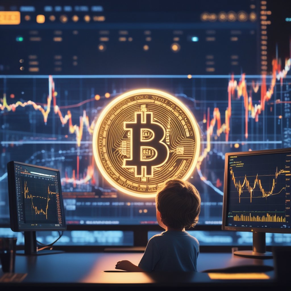 Strategy stock: A simple cartoon of a child looking at a computer screen showing rising stock lines and a happy sun