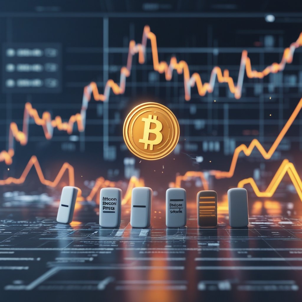 Strategy stock: A simple cartoon showing a line of dominoes falling, labeled 'Bitcoin Price', 'Strategy Stock', 'Bitcoin Miners'