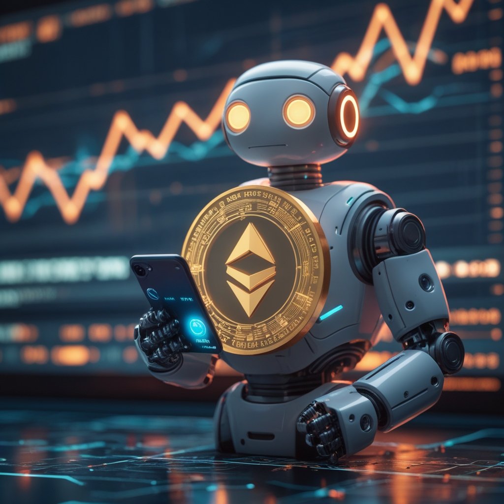 Stripe Tempo Testnet: A friendly robot holding a smartphone with glowing buttons, showing the Blockstream App Update