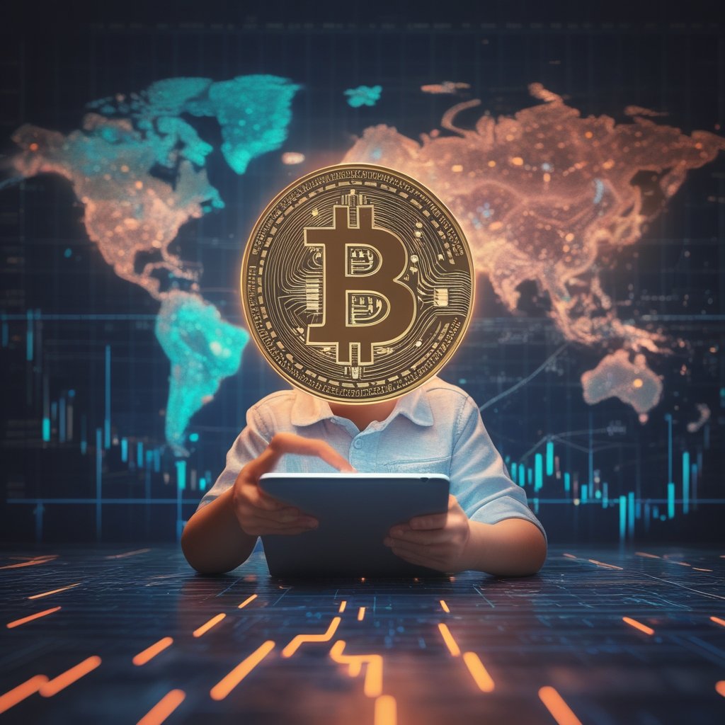 Stripe blockchain: A happy child using a tablet to send money, with a world map and glowing lines showing fast transfers