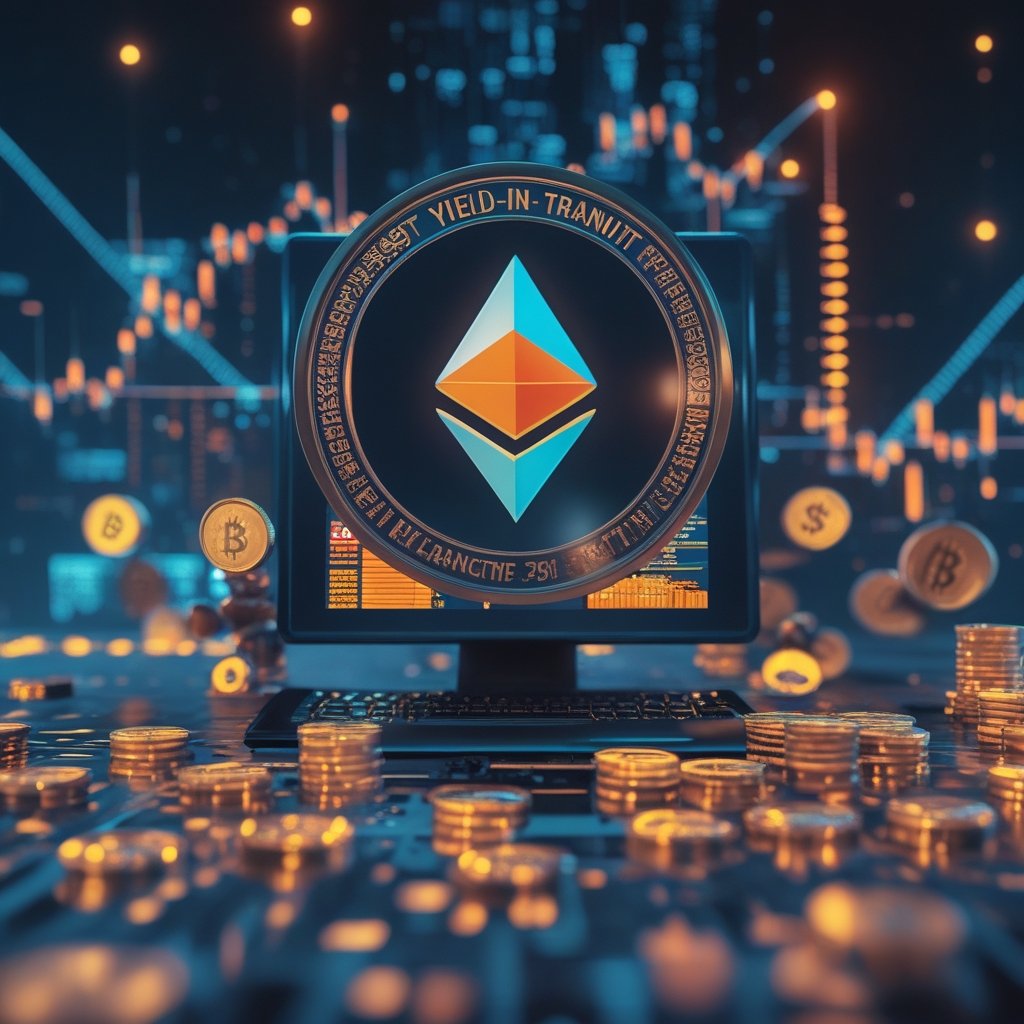 Tassat Yield-in-Transit patent: A busy cartoon computer with money coins running around like busy workers