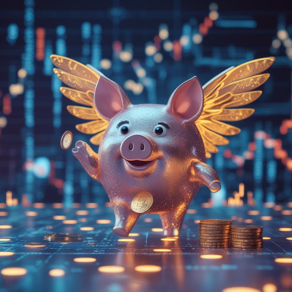 Tassat Yield-in-Transit patent: A cartoon piggy bank with coins growing wings and flying around happily