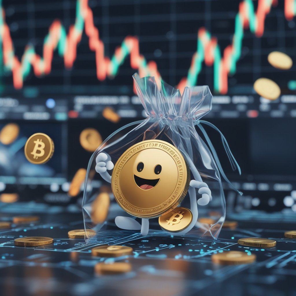 Tassat Yield-in-Transit patent: A happy cartoon money bag smiling while coins float around it like bubbles