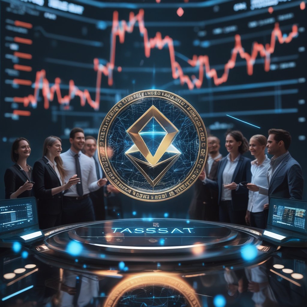 Tassat patent: A diverse group of happy people connecting with digital hearts and stars