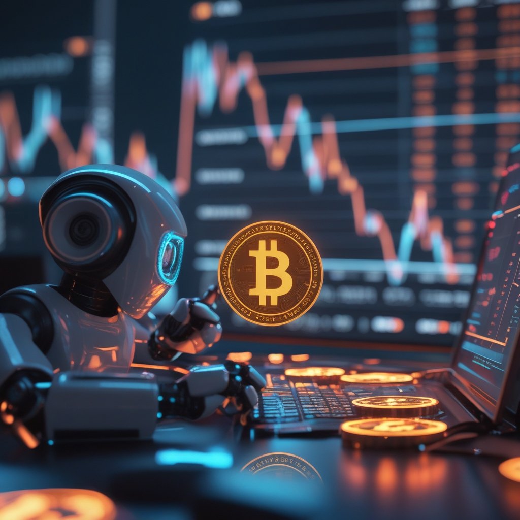 Tassat patent: A friendly robot moving digital coins on a glowing computer screen