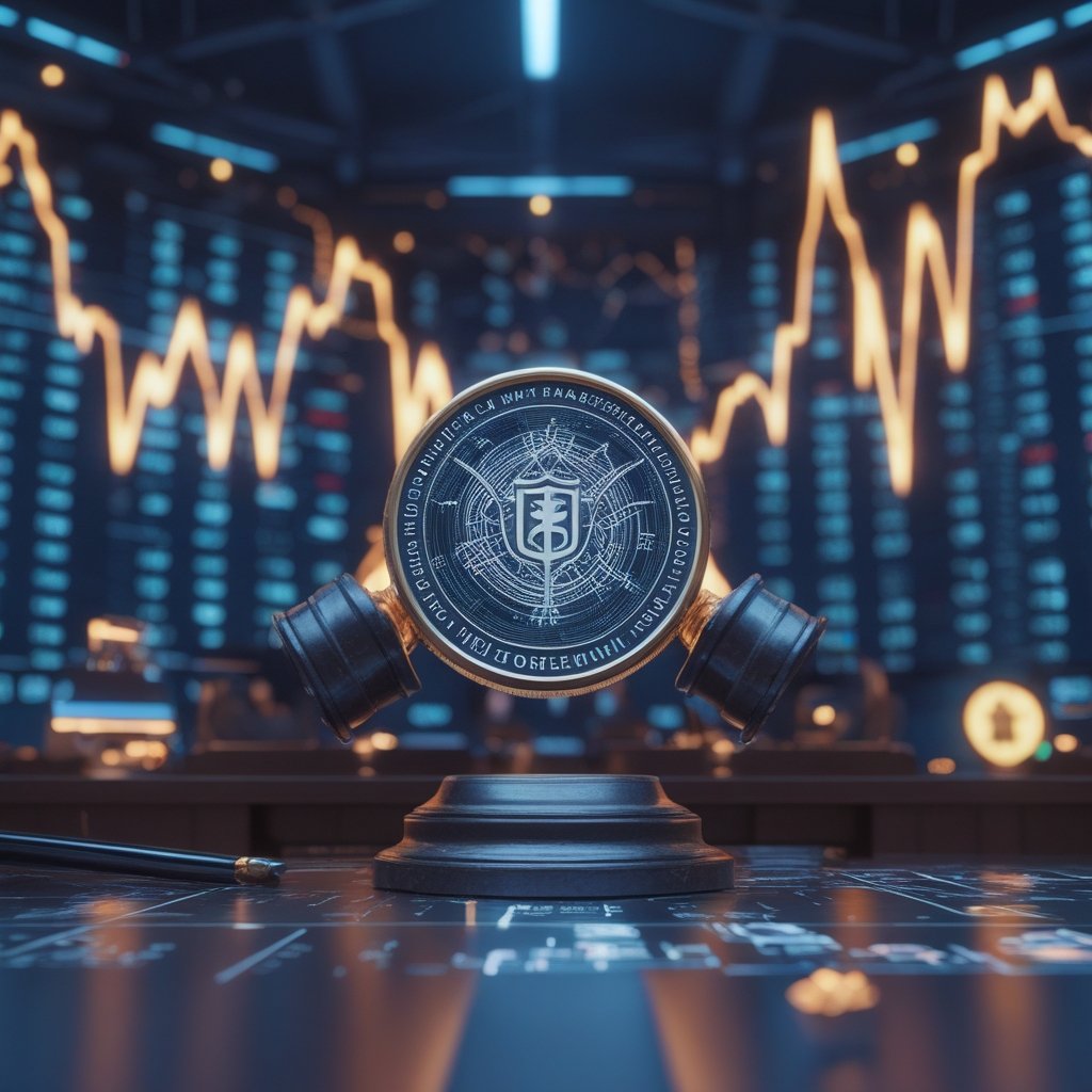 Terraform US prosecution: Do Kwon courtroom illustration with gavel and digital blockchain graphics