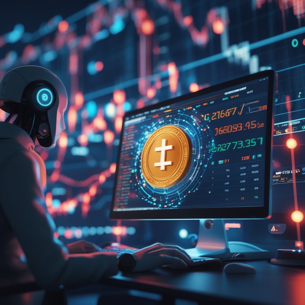 Tether AI investment: A robot learning from a computer screen with colorful shapes and numbers