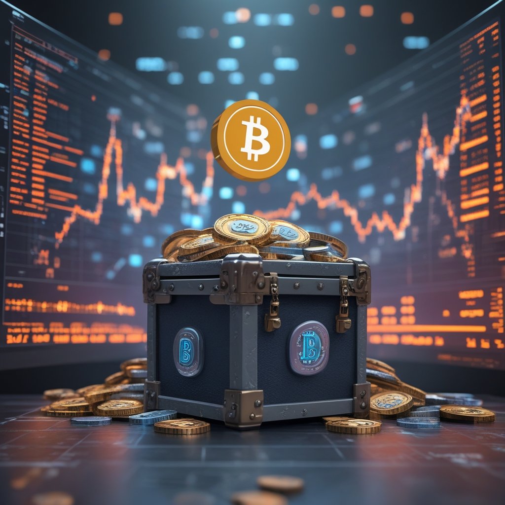 Tether BTC transfer: A cartoon treasure chest full of digital coins being moved from one safe to another