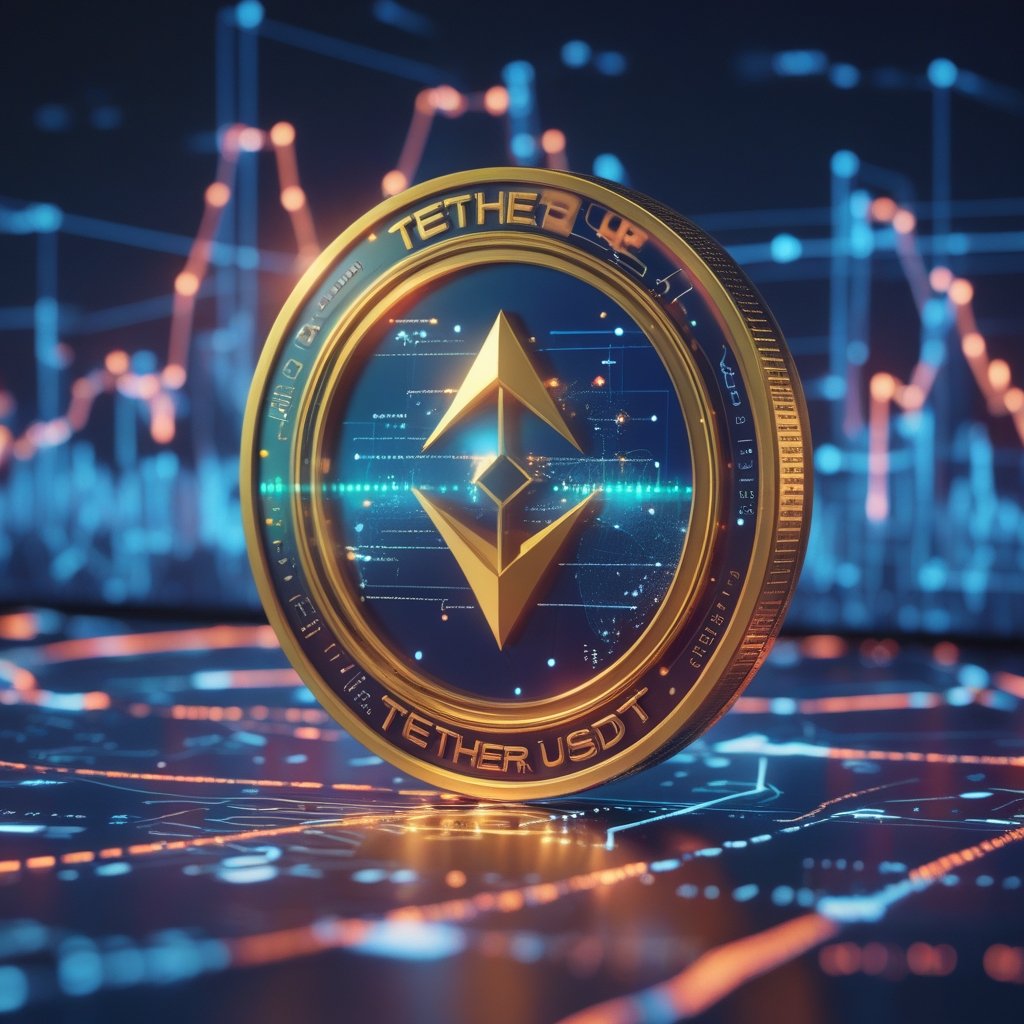 Tether USDT: A colorful map showing different digital roads (blockchains) with Tether USDT coins traveling on them