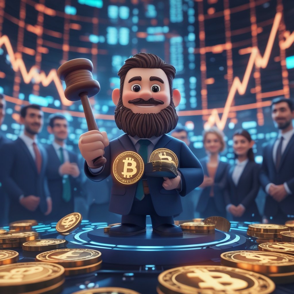 Tether USDT: A friendly cartoon judge with a gavel, smiling while digital coins and happy business people gather around