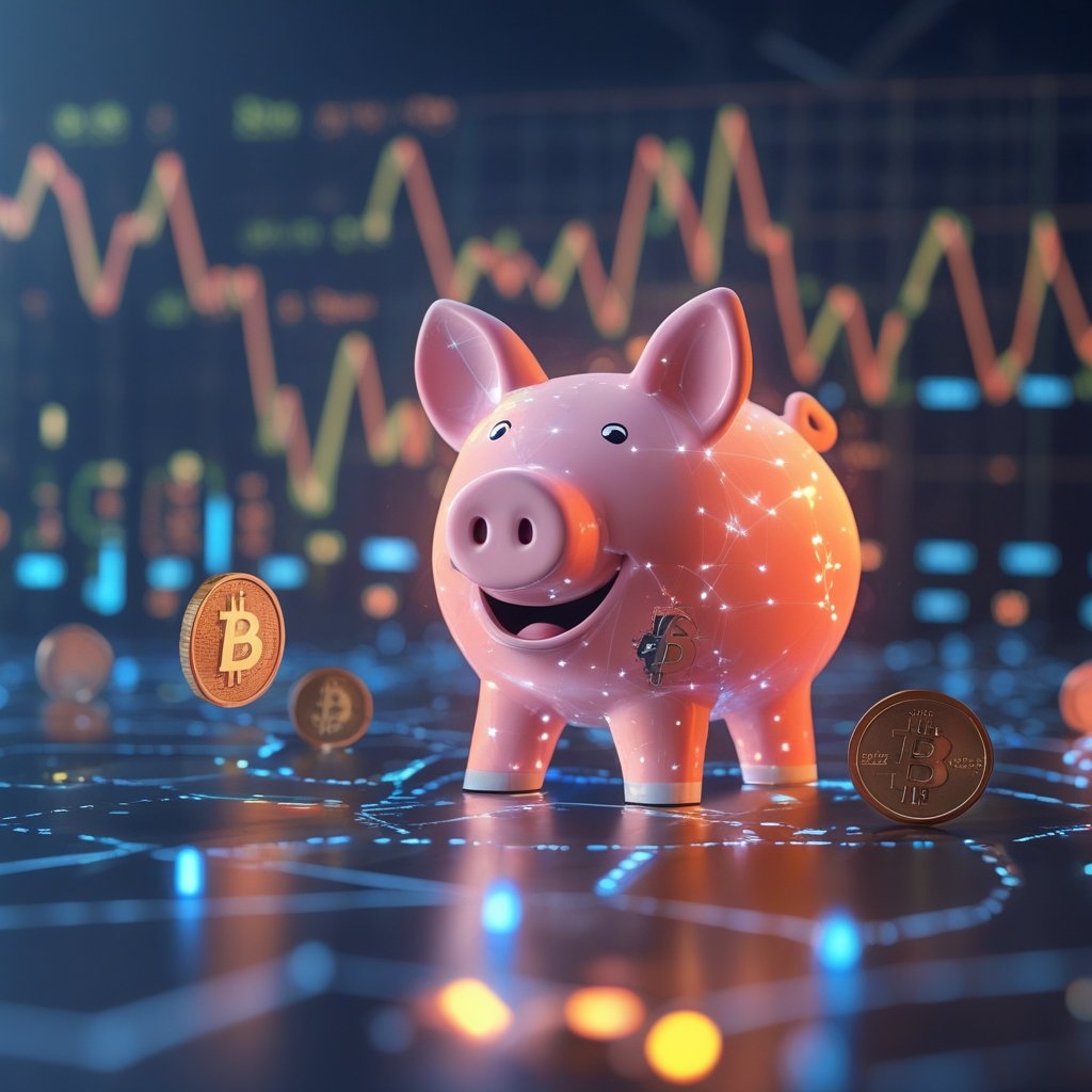 Tether USDT: A friendly cartoon of a piggy bank with digital coins floating around it, showing happy children learning about money