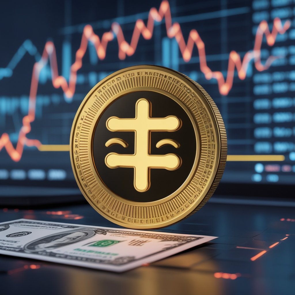 Tether collapse fears: A friendly cartoon of a digital coin with a smiling face, labeled Tether, next to a dollar bill