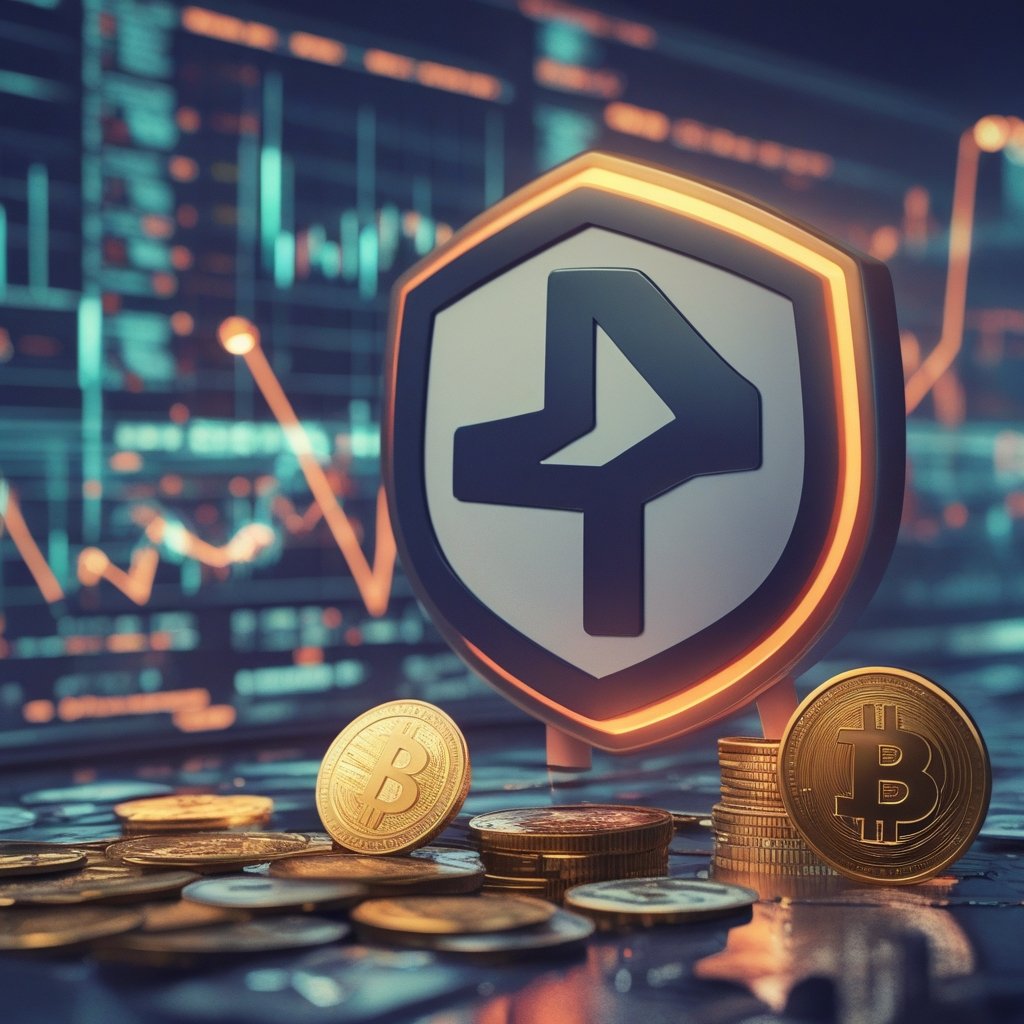 Tether collapse fears: A friendly cartoon of a superhero Tether shield protecting a pile of money, with a gold coin and a Bitcoin nearby