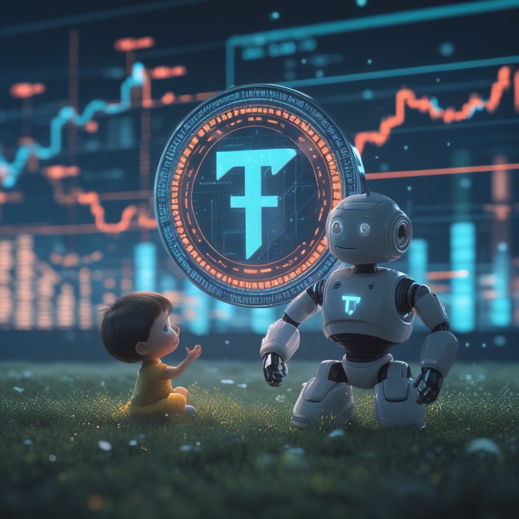 Tether health app: A cartoon robot and a child playing together in a park
