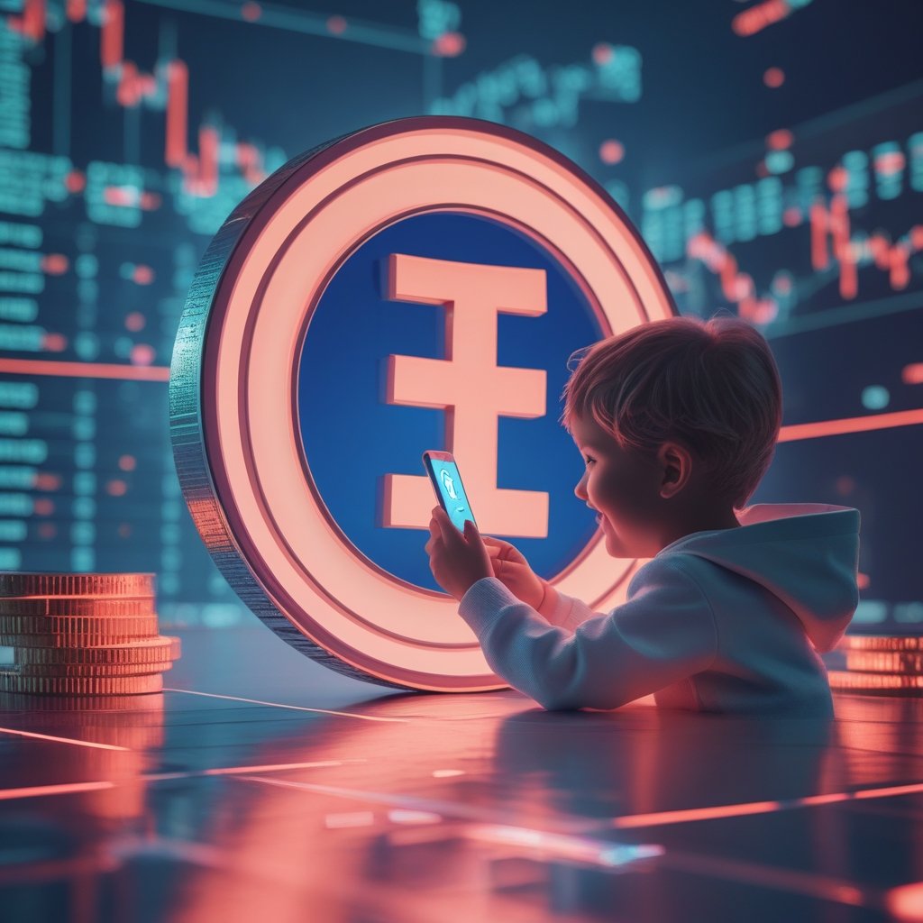 Tether health app: A child tapping on a phone with a cartoon doctor app, smiling