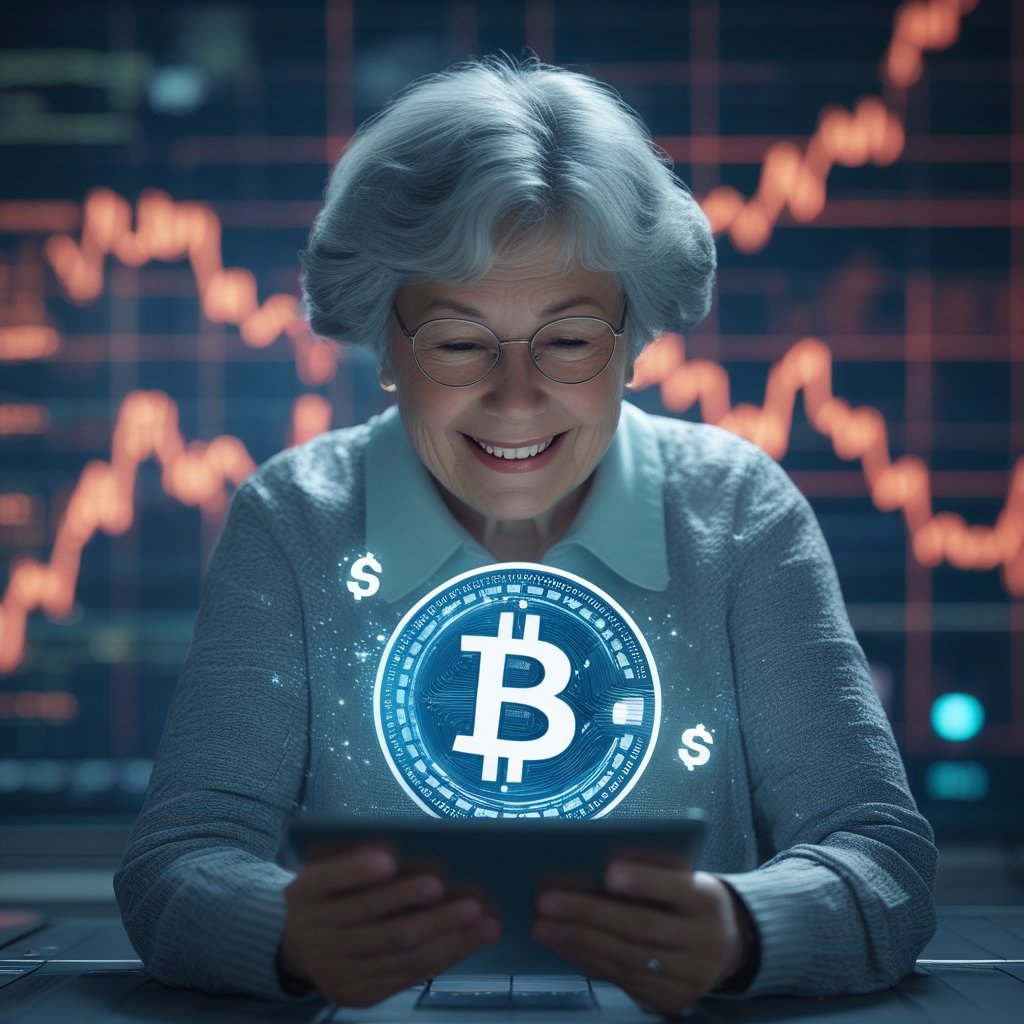 The Grandma Test: A happy grandma using a tablet with digital money symbols floating around