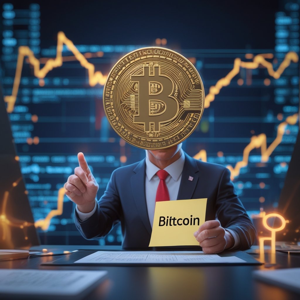 Trump Bitcoin policy: A cartoon of a president adding a sticky note that says 'Bitcoin' to a big important document