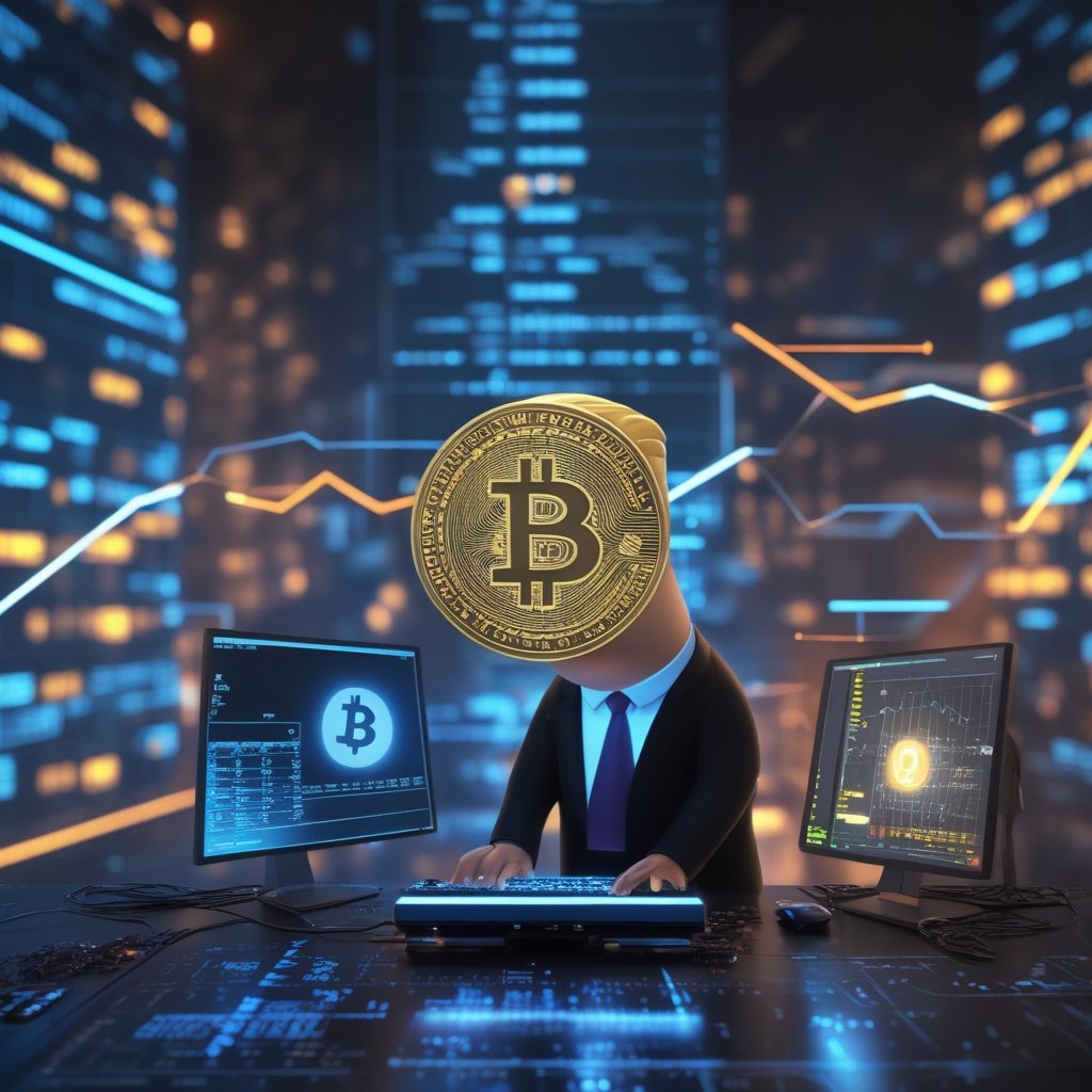 Trump Bitcoin policy: A friendly cartoon president looking at a computer screen showing Bitcoin symbols, with simple, bright colors