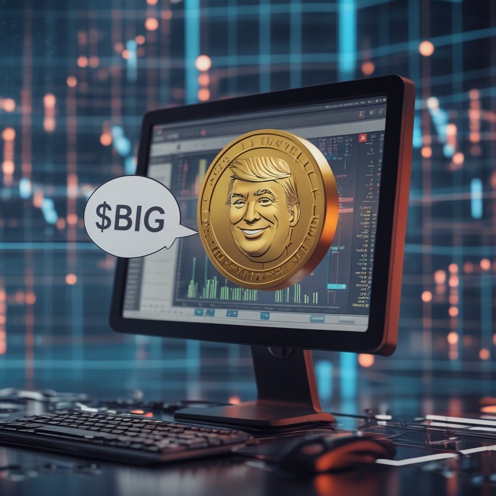 Trump Coin: A cartoon of a smiling computer screen showing a golden coin with Trump's face, with a speech bubble saying '$BIG'