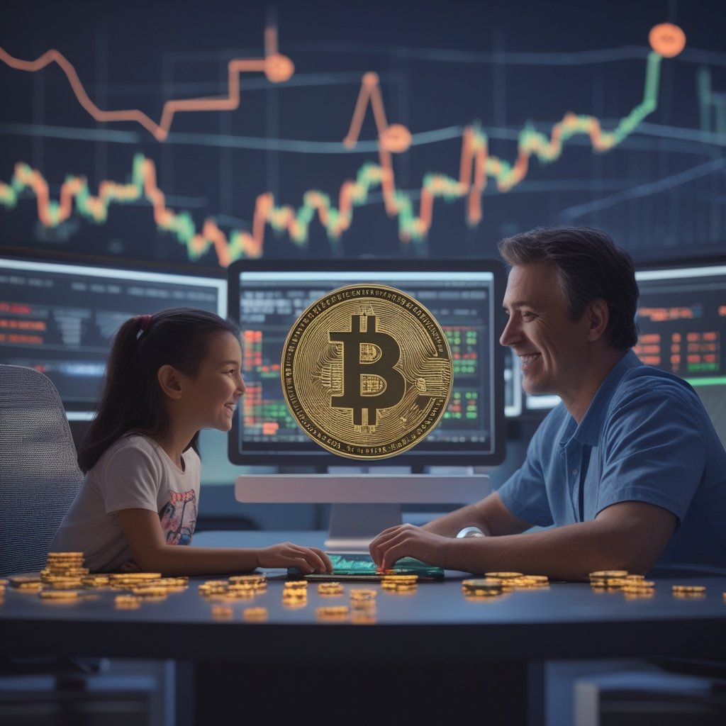 Trump Coin: A friendly cartoon of a parent and child looking at a computer screen with digital coins, smiling