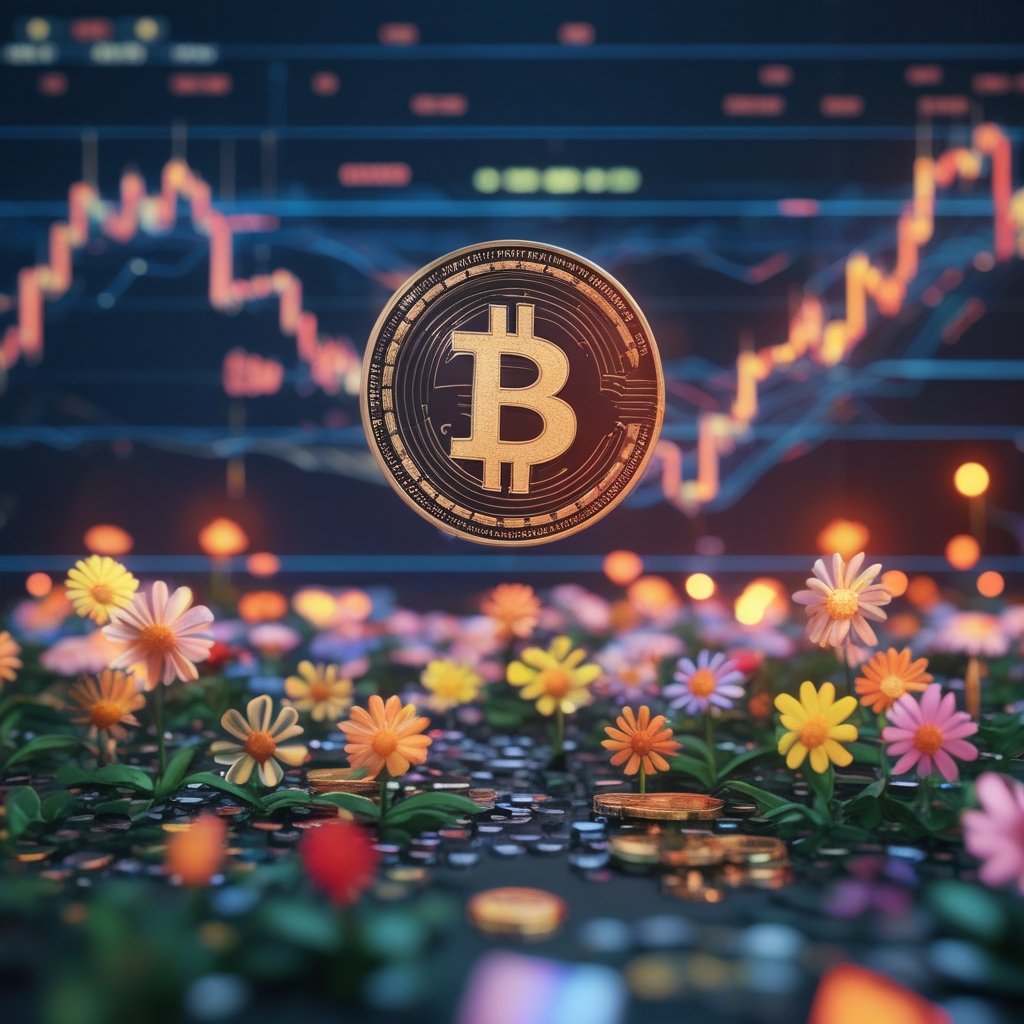 Trump Coin: A garden of colorful coins growing like flowers, with a sun made of a Bitcoin symbol