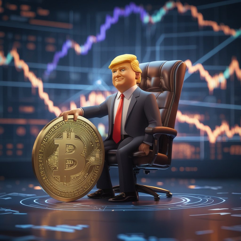 Trump Fed chair: A friendly cartoon character looking at a big, shiny Bitcoin coin.