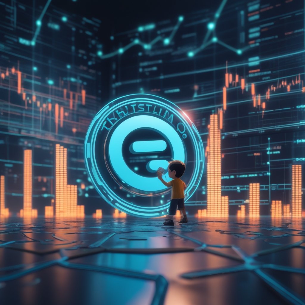 TrustLinq cryptocurrency: A cartoon of a kid using a glowing debit card to buy ice cream, with a happy TrustLinq logo in the corner.