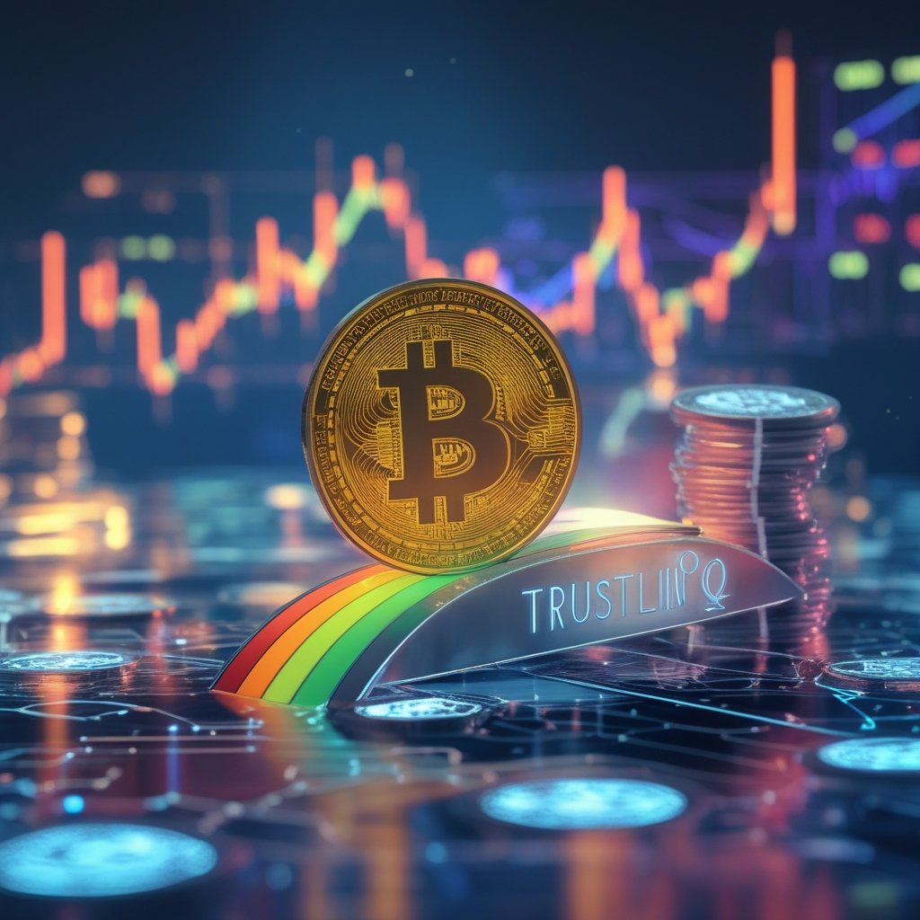 TrustLinq cryptocurrency: A cartoon showing a digital coin turning into paper money as it crosses a rainbow bridge labeled TrustLinq.