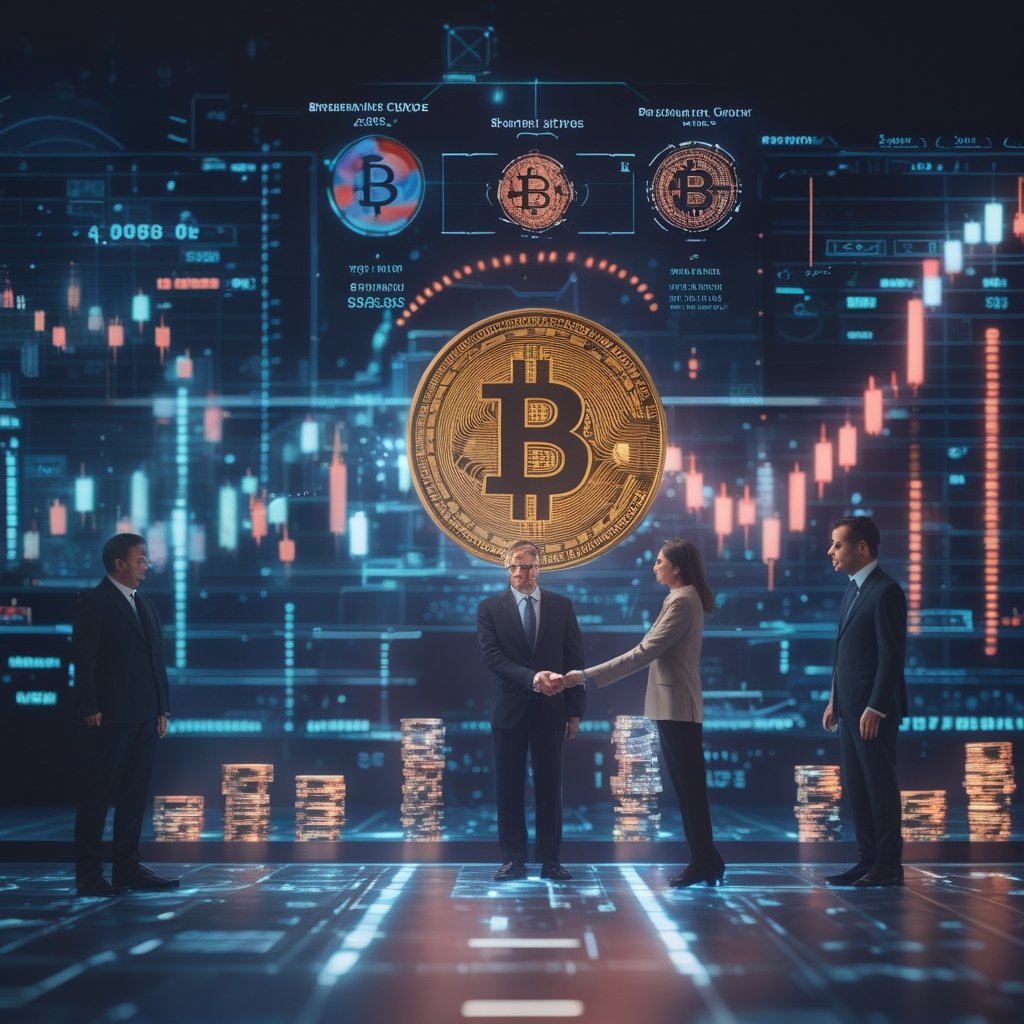 Turkish crypto exchange: Business executives shaking hands with digital currency graphics symbolizing the acquisition deal