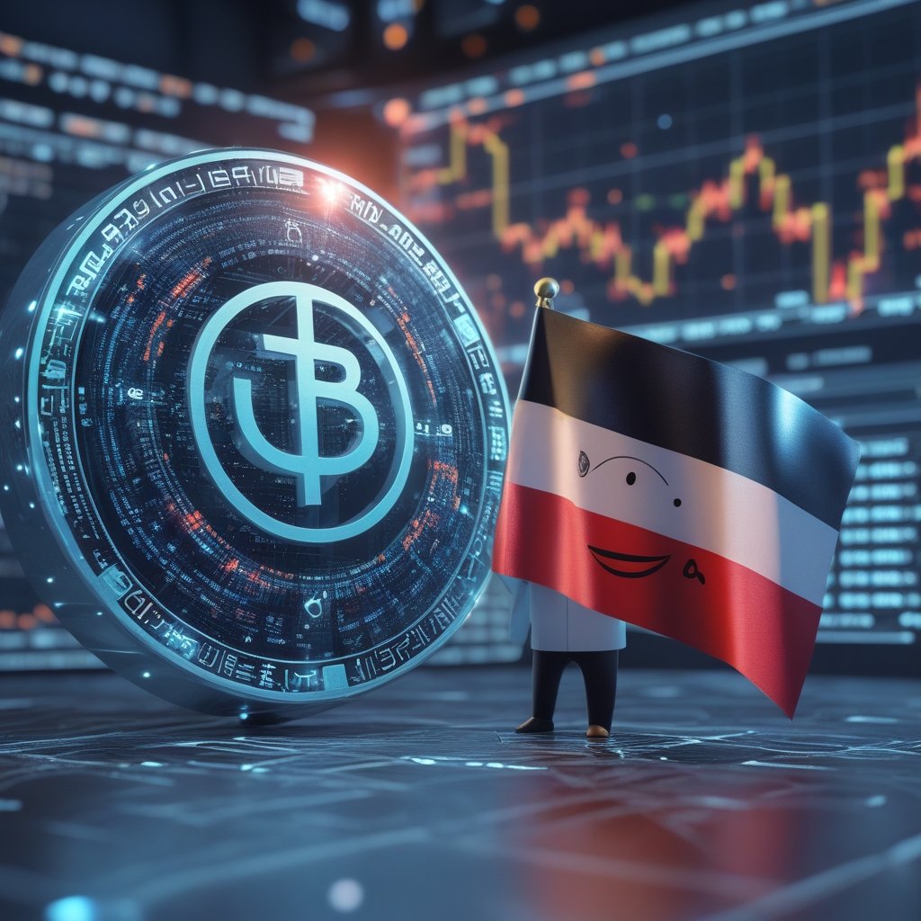 UAE stablecoin regulations: A happy cartoon circle with a library card, standing next to a friendly UAE flag