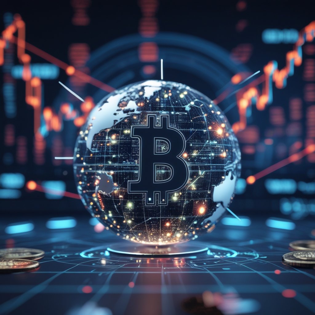 USDGO stablecoin: A cartoon globe with digital coins floating around it, showing connection