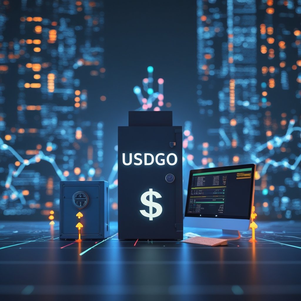 USDGO stablecoin: A cartoon safe with a dollar sign, and a computer screen showing USDGO coins
