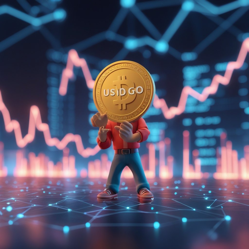 USDGO stablecoin: A friendly cartoon character holding a coin that says USDGO, with a dollar sign on it