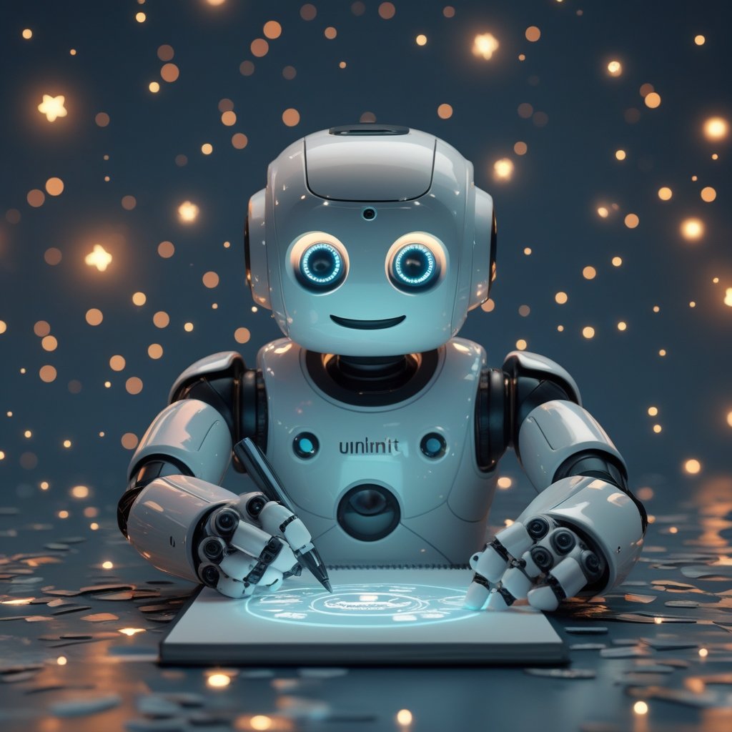 Unlimit stablecoin infrastructure: A friendly robot writing in a glowing digital notebook with stars and smiley faces