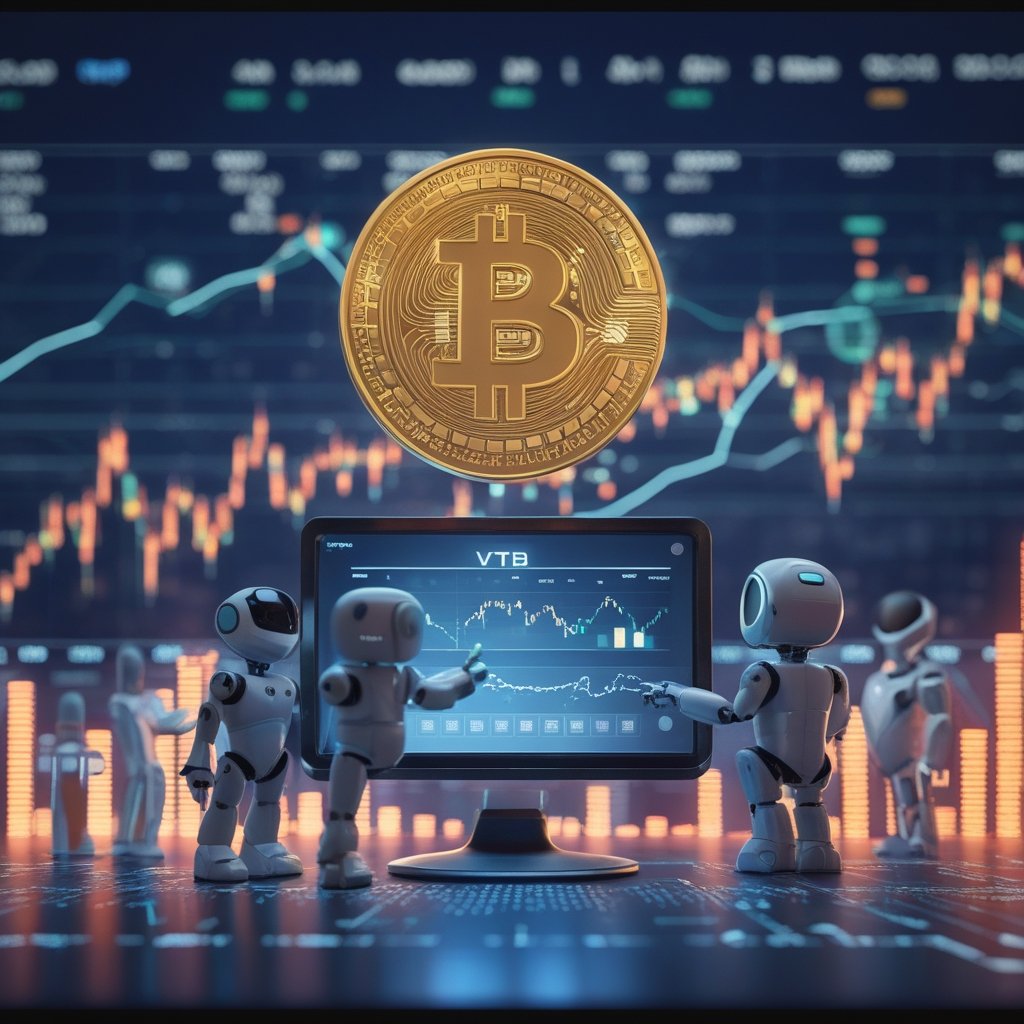 VTB crypto trading: A friendly robot helping children understand digital money on a big screen