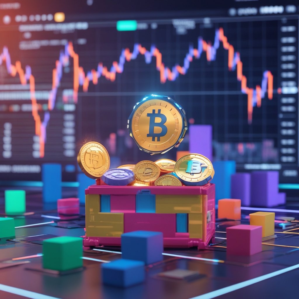 Vanguard crypto ETF: A colorful toy box filled with different digital coins and blocks, representing a Vanguard crypto ETF