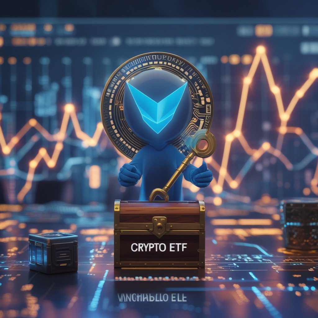 Vanguard crypto ETF: A friendly cartoon character representing Vanguard holding a key to a treasure chest labeled 'Crypto ETF'