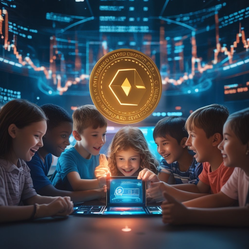 Vanguard crypto ETF: A group of diverse children looking excitedly at a new digital money game in their clubhouse