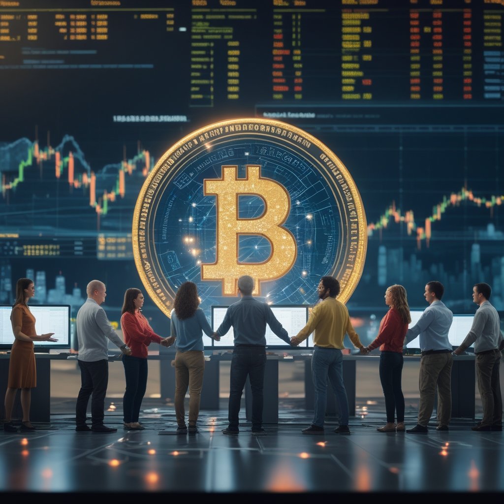 Web3 foundations Cayman: A happy cartoon of diverse people holding hands around a computer, showing global teamwork