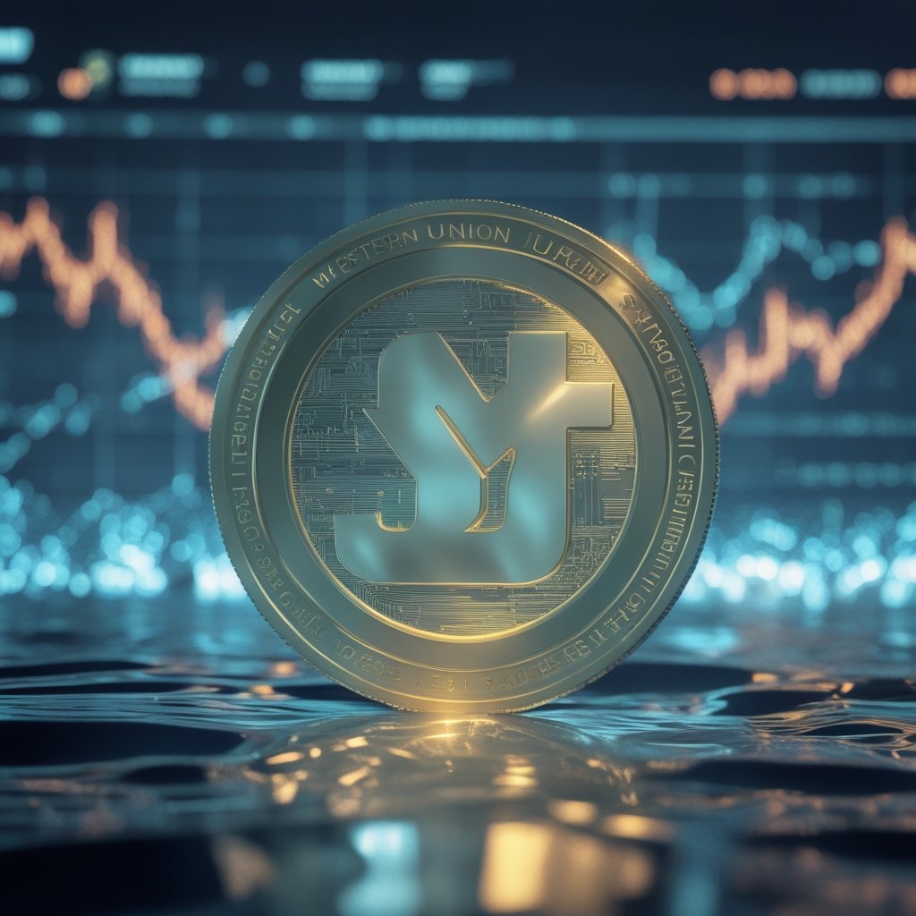 Western Union stablecoin: A shiny digital coin with the Western Union logo floating on a calm sea