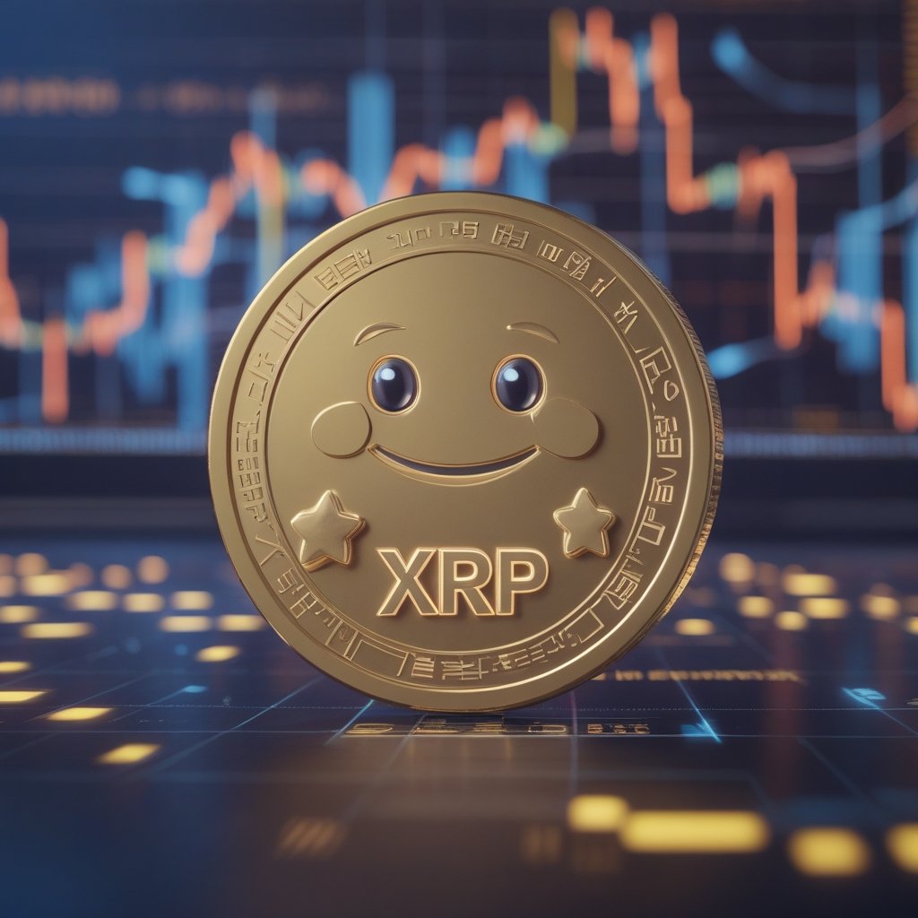 XRP $10 prediction: A friendly cartoon XRP coin with a smiling face, surrounded by stars and the number $10