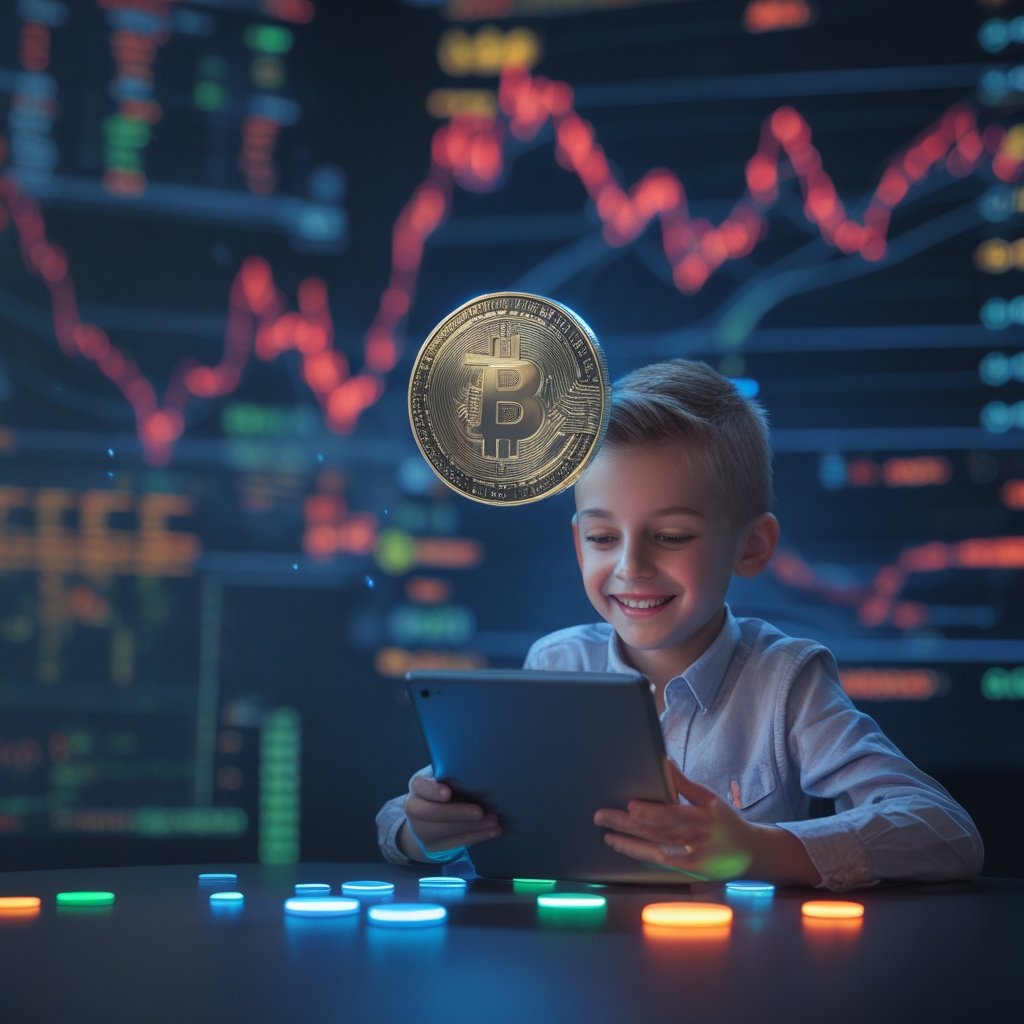 XRP 10% price increase: Kids playing with digital coins on a tablet, smiling