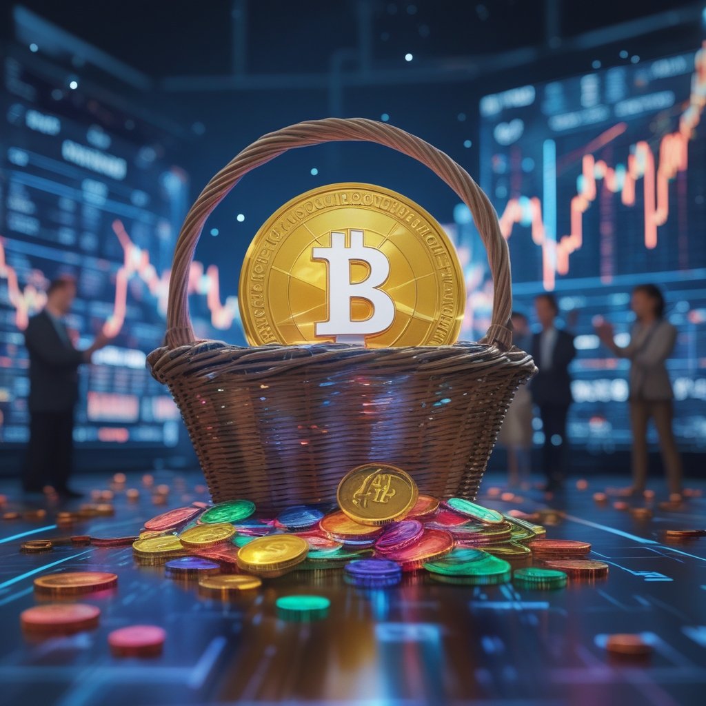 XRP ETF inflows: A cartoon of a big basket filling with colorful coins labeled XRP, with happy people watching it fill up.