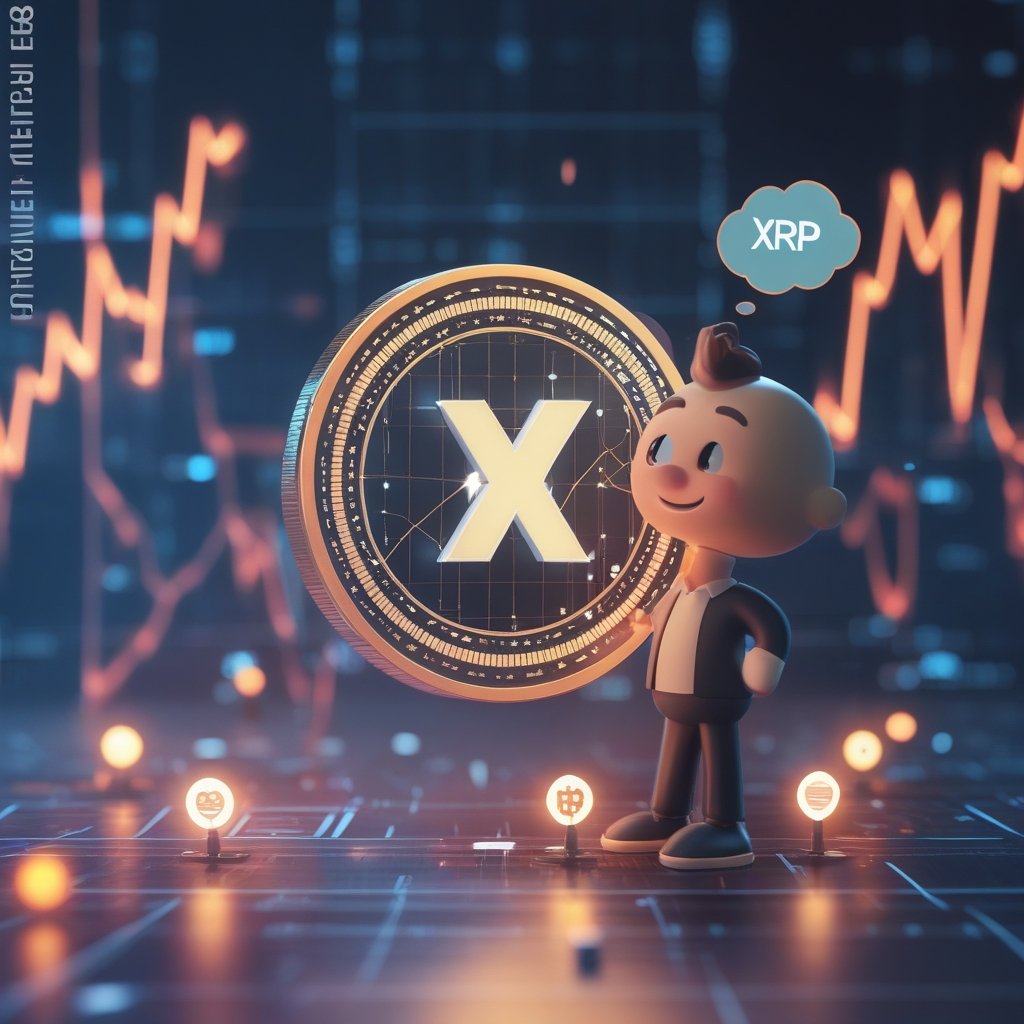 XRP ETF inflows: A friendly cartoon character looking at a chart with up and down arrows, with a thought bubble showing different numbers.