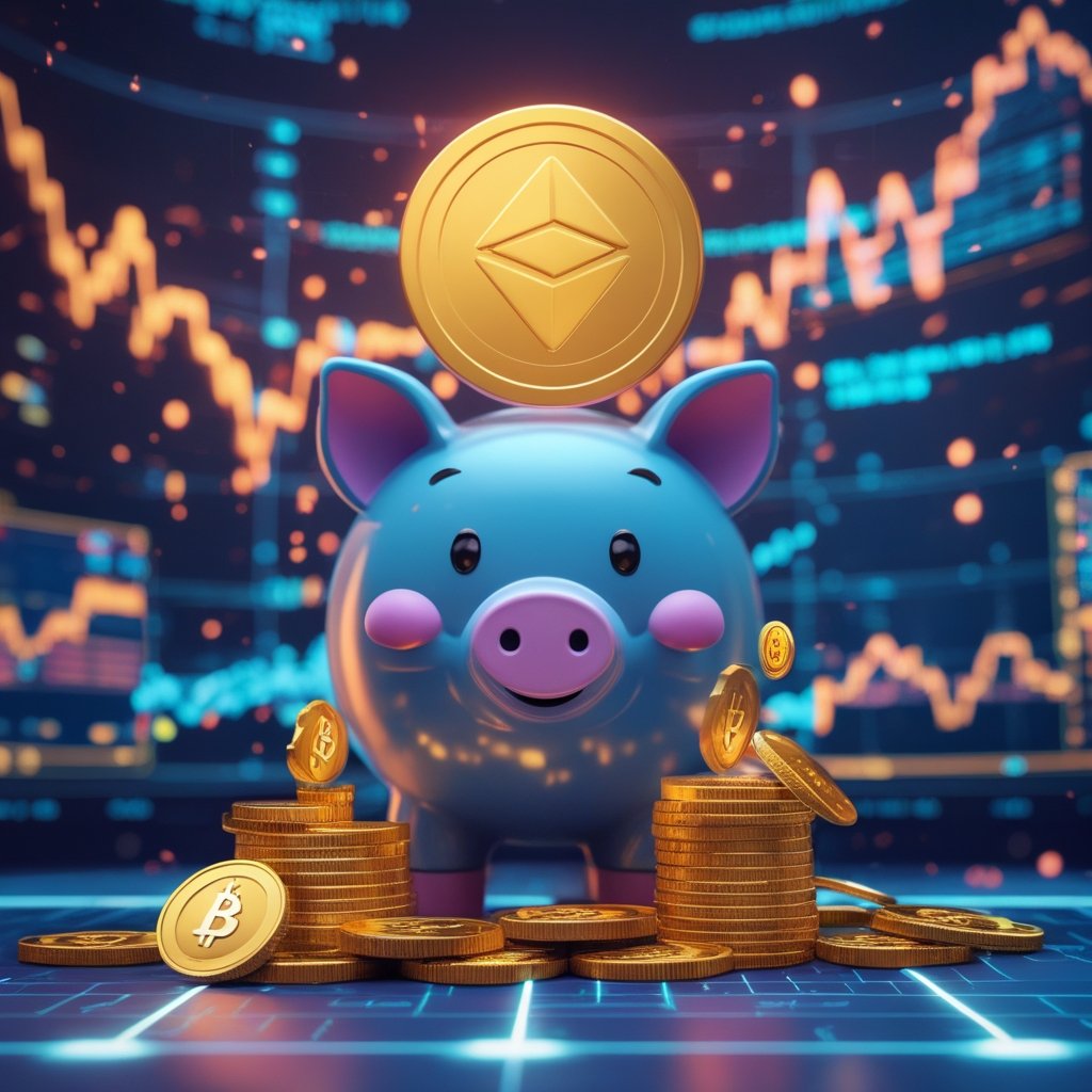 XRP ETF inflows: A friendly cartoon piggy bank with XRP coins flowing into it, bright colors, simple shapes